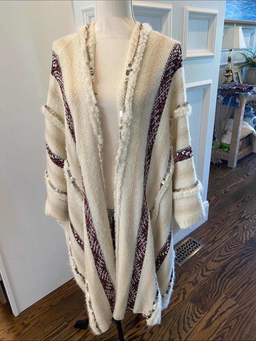 Mes Demoiselles Cream Cardigan with Burgundy Stripe Accents